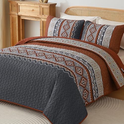 WONGS BEDDING 3 Pieces Quilt Set King Size Burnt Orange Quilt Bedspread Lightweight Bohemian Coverlet Set with 2 Pillowcase Soft Geometry Printed Bedding Set King for All Season 10490 - Image 1