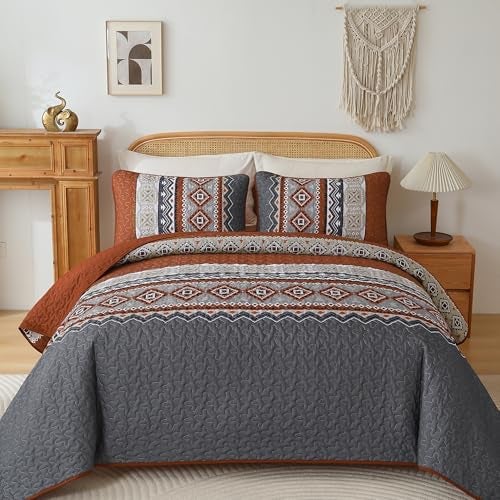 WONGS BEDDING 3 Pieces Quilt Set King Size Burnt Orange Quilt Bedspread Lightweight Bohemian Coverlet Set with 2 Pillowcase Soft Geometry Printed Bedding Set King for All Season 10490 - Image 3