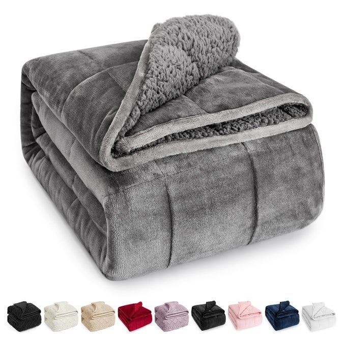SHERPA FLEECE WEIGHTED BLANKET FOR ADULT 20 LBS DUAL SIDED COZY FLUFFY HEAVY BLANKET ULTRA FUZZY THROW BLANKET WITH SOFT PLUSH FLANNEL TOP 60 X 80 INCHES GREY ON BOTH SIDES
