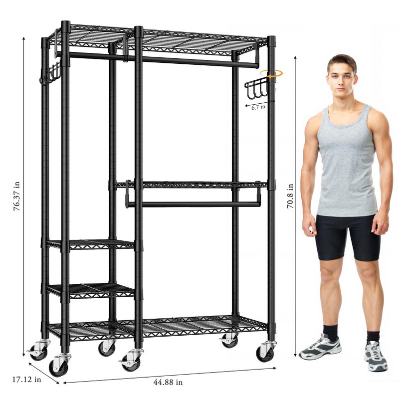 Eunhdet Rolling Heavy Duty Clothes Racks for Hanging Clothes, 5 Tiers Portable Garment Clothing Rack with Shelves Double Rods and Side Hooks, Freestanding Wardrobe Closet Organizer Storage, 45"X17.1"X76.4" - Image 5