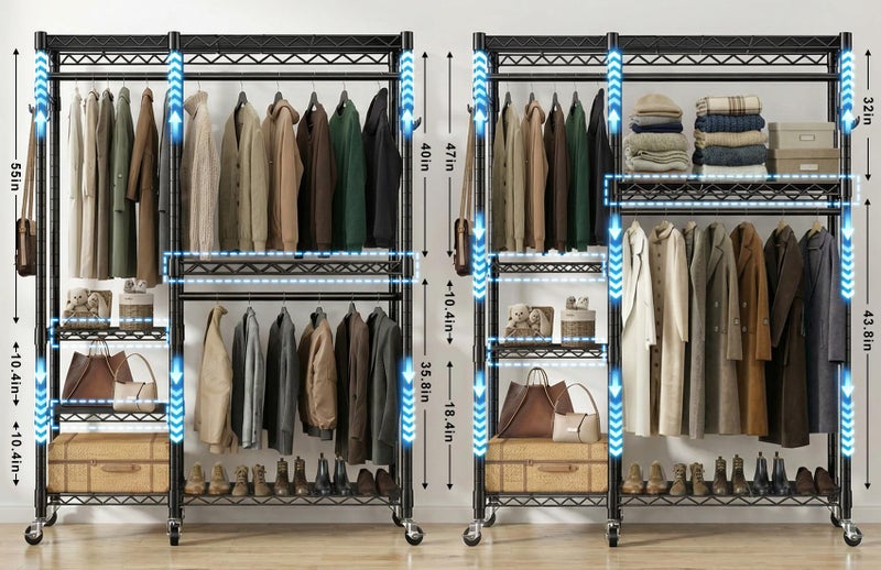 Eunhdet Rolling Heavy Duty Clothes Racks for Hanging Clothes, 5 Tiers Portable Garment Clothing Rack with Shelves Double Rods and Side Hooks, Freestanding Wardrobe Closet Organizer Storage, 45"X17.1"X76.4" - Image 2