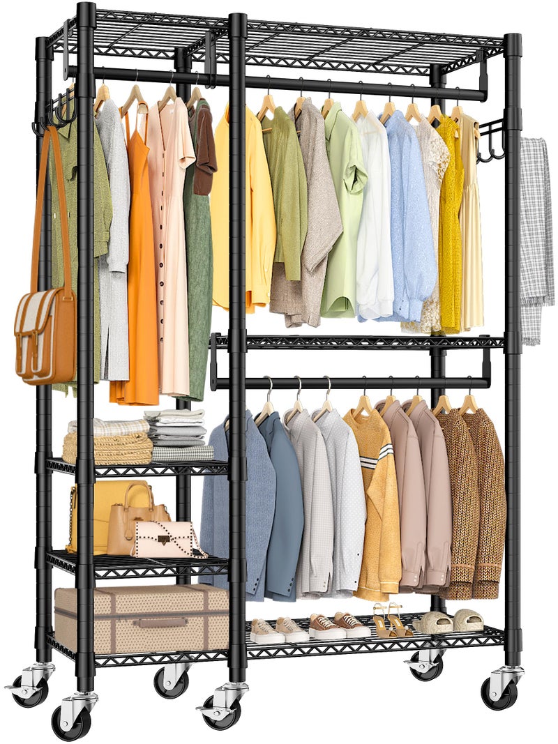 Eunhdet Rolling Heavy Duty Clothes Racks for Hanging Clothes, 5 Tiers Portable Garment Clothing Rack with Shelves Double Rods and Side Hooks, Freestanding Wardrobe Closet Organizer Storage, 45"X17.1"X76.4" - Image 1