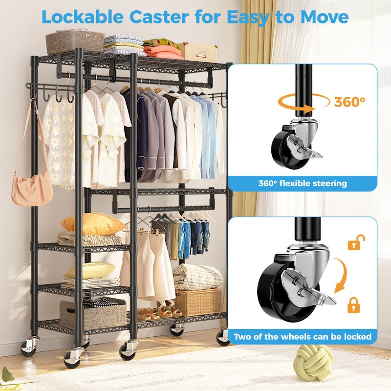 Eunhdet Rolling Heavy Duty Clothes Racks for Hanging Clothes, 5 Tiers Portable Garment Clothing Rack with Shelves Double Rods and Side Hooks, Freestanding Wardrobe Closet Organizer Storage, 45"X17.1"X76.4" - Image 4