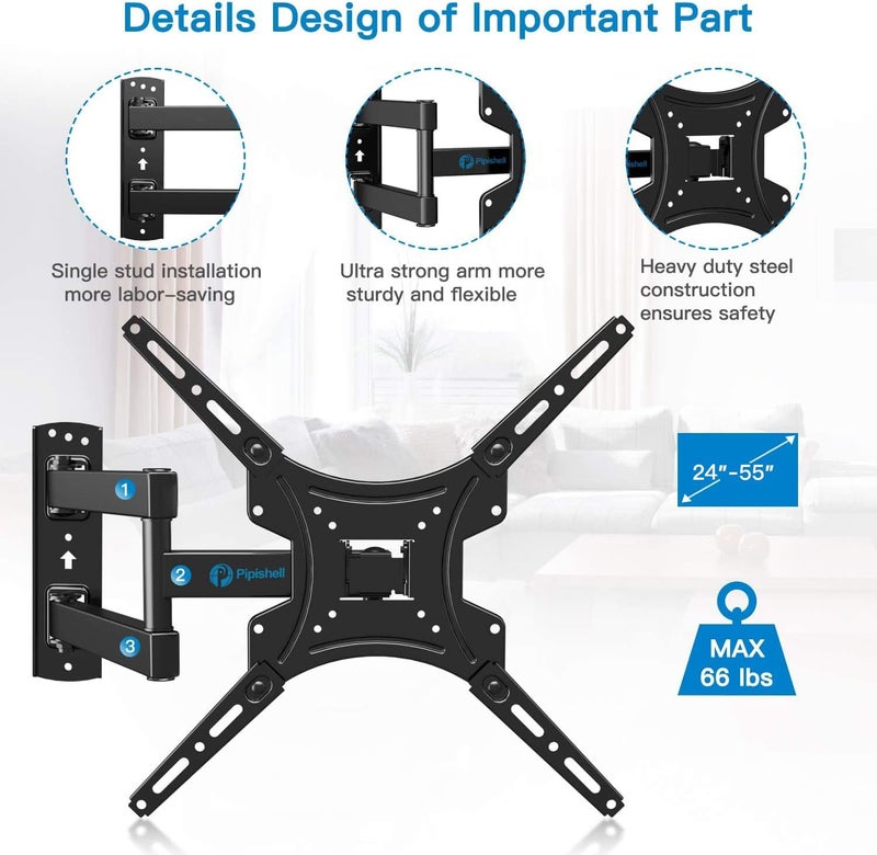Pipishell Full Motion TV Wall Mount Bracket Articulating Arms Swivels Tilts Extension for Most 24-55 Inch LED LCD Flat Curved Screen TVs, Max VESA 400x400mm up to 66lbs by - Image 3
