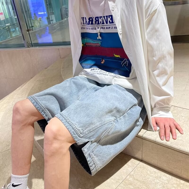 Split Denim Shorts Men Trendy Loose Fit Summer light blue [high quality]]