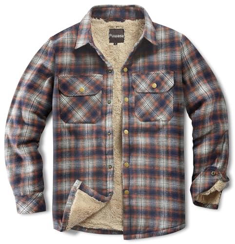 Puwasa Men's Flannel Jackets Sherpa Lined Side Pocket Shirt Jacket Plaid Button Up Camp Night Coat with Pocket Orange XX-Large - Image 1