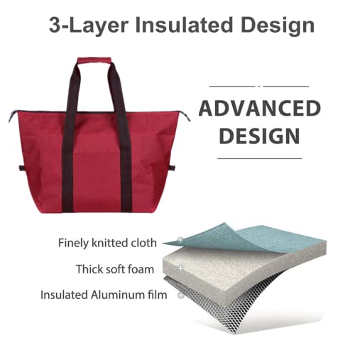 DoroSun Insulated Grocery Thermal Tote Bags for Frozen Cold Hot Foods, Reusable Insulation Zippered Bag for Shopping, Travel, Picnic or Lunch, Red - Image 4