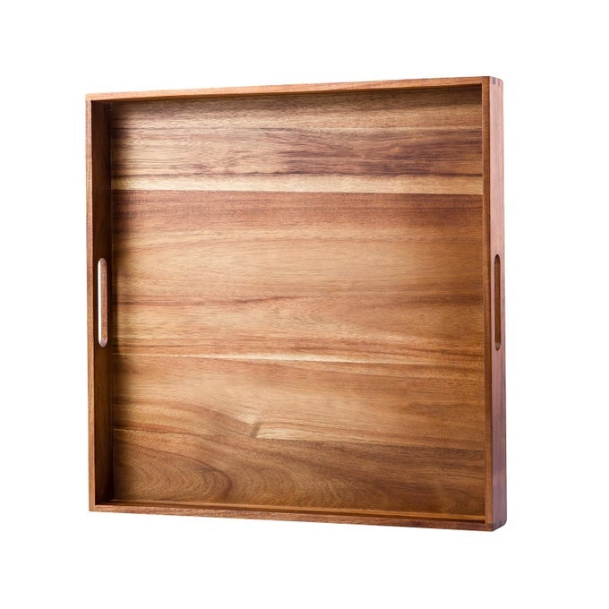 SERVING TRAY WITH HANDLES 20 INCH LARGE SQUARE OTTOMAN TRAY ACACIA WOOD DECORATIVE TRAY FOR LIVING ROOM OTTOMAN COFFEE TABLE KITCHEN APPETIZERS BREAKFAST PATIO PARTY