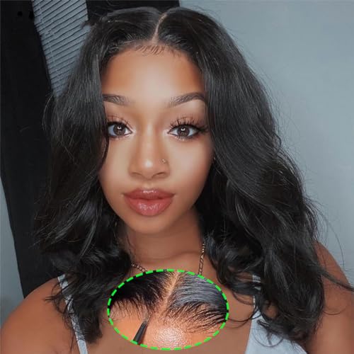 GABRIELLE Wear And Go 14 Inch Glueless Wigs Human Hair 6x4 HD Body Wave Lace Front Wig 200 Density Pre Plucked Pre Cut Lace Closure Wigs for Women Natural Black Glueless Wig - Image 1