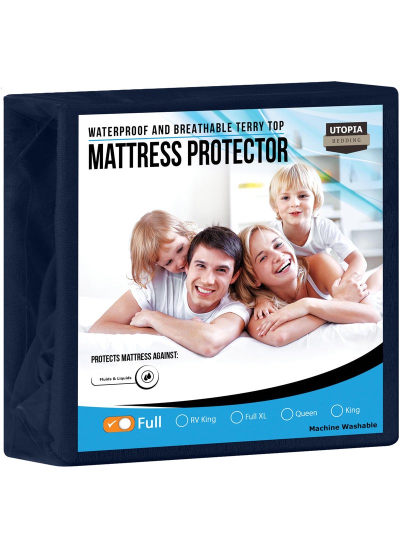 Utopia Bedding Utopia Bedding Waterproof Mattress Protector Full Size  Premium Terry Mattress Cover 200 GSM  Breathable  Fitted Style with Stretchable Pockets (Navy Blue)  - Image 1