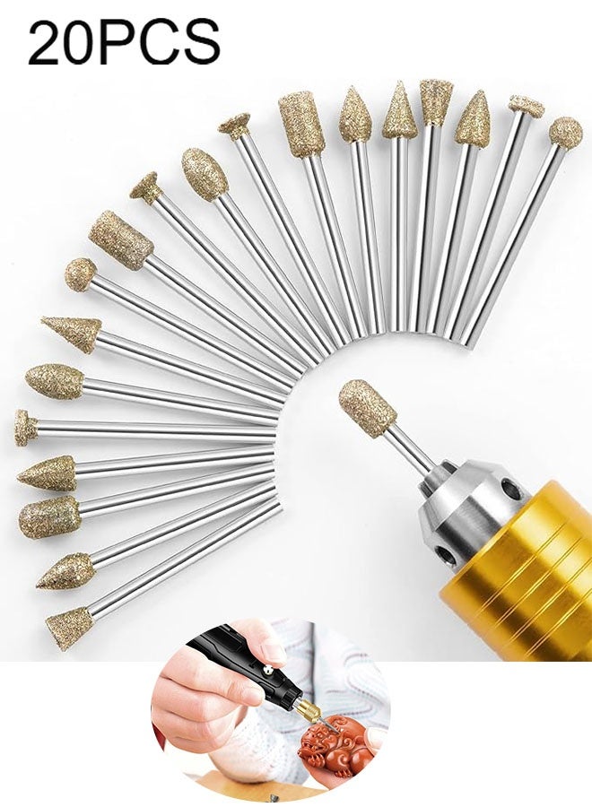 Happy D Diamond Grinding Burr Bit Set， 20Pcs Rotary Tool Accessories Stone Carving Set with 1/8 inch Shank for Stone Ceramic Glass Carving, Grinding, Polishing, Engraving, Sanding - Image 1