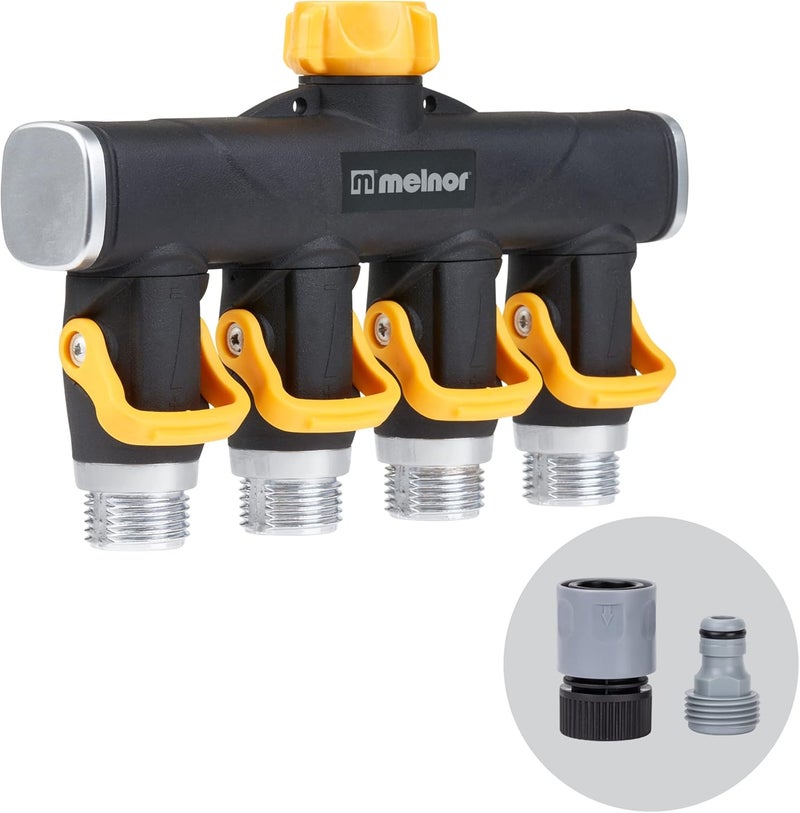 Melnor 65135AMZ 4 Way Lever Flow Through Valve Connector Bundle, Yellow, Black - Image 1
