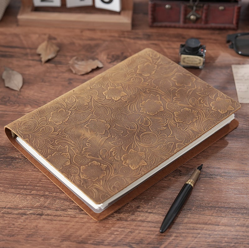 Retro Tang Grass Carved First Layer Cowhide A4/B5/A5 Thickened Crazy Horse Leather Binder Sketch Notepad Diary - Image 2