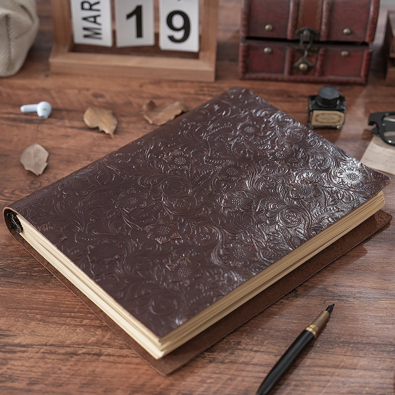 Retro Tang Grass Carved First Layer Cowhide A4/B5/A5 Thickened Crazy Horse Leather Binder Sketch Notepad Diary - Image 4