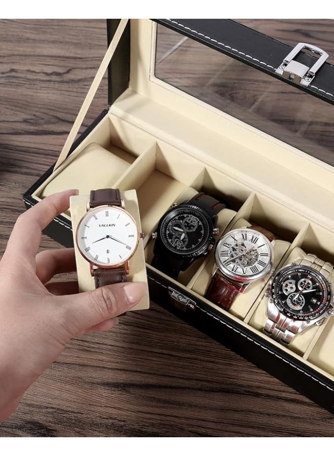 علبة ساعات، 6 فتحات، صندوق تنظيم الساعات مع غطاء زجاجي كبير، حافظة عرض الساعات، صندوق ساعات للرجال والنساء - Image 4