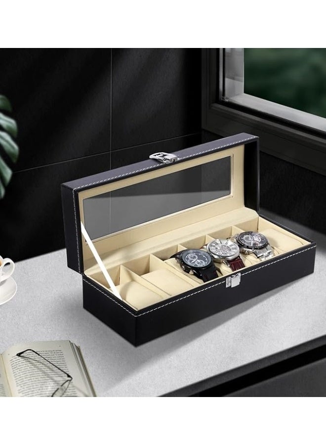 علبة ساعات، 6 فتحات، صندوق تنظيم الساعات مع غطاء زجاجي كبير، حافظة عرض الساعات، صندوق ساعات للرجال والنساء - Image 2