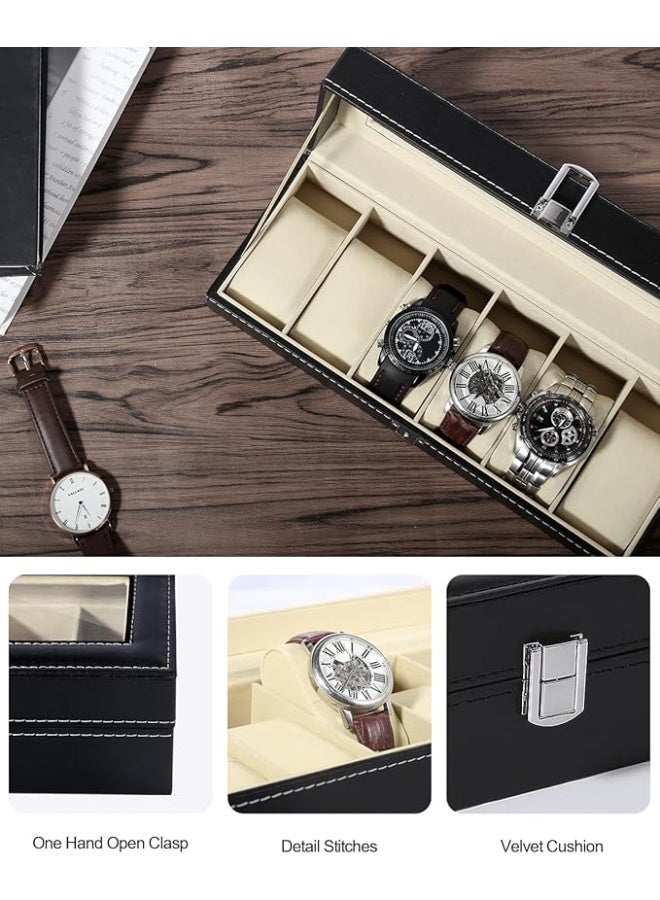 علبة ساعات، 6 فتحات، صندوق تنظيم الساعات مع غطاء زجاجي كبير، حافظة عرض الساعات، صندوق ساعات للرجال والنساء - Image 5
