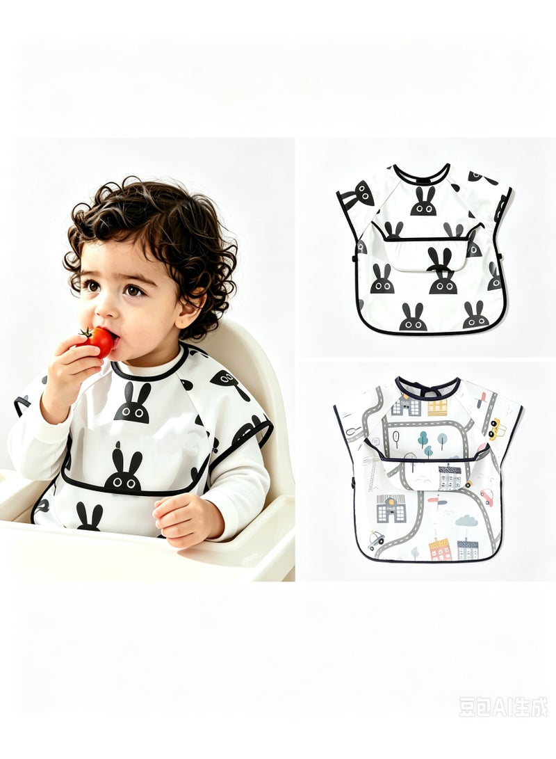 2 Pack Long Sleeve Baby Waterproof Bib Apron, Toddler Feeding Smock with Food Catcher Pocket for Eating & Painting, Suitable for 0-3 Years Old - Image 1