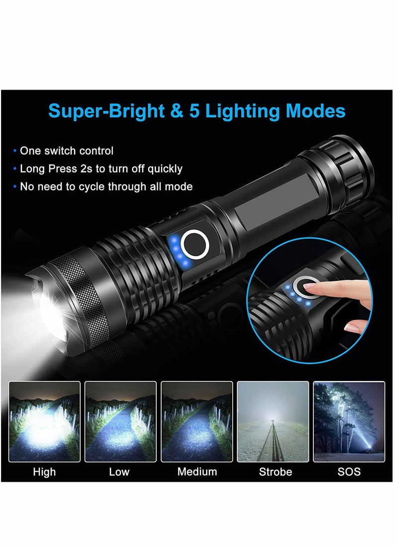 Excefore - Flashlight Led USB Rechargeable 5000 lumens Torch Light XHP50, Super Bright 5 Modes Flashlights IP67 Waterproof Zoomable for Outdoor Camping Hiking Emergency - Image 1