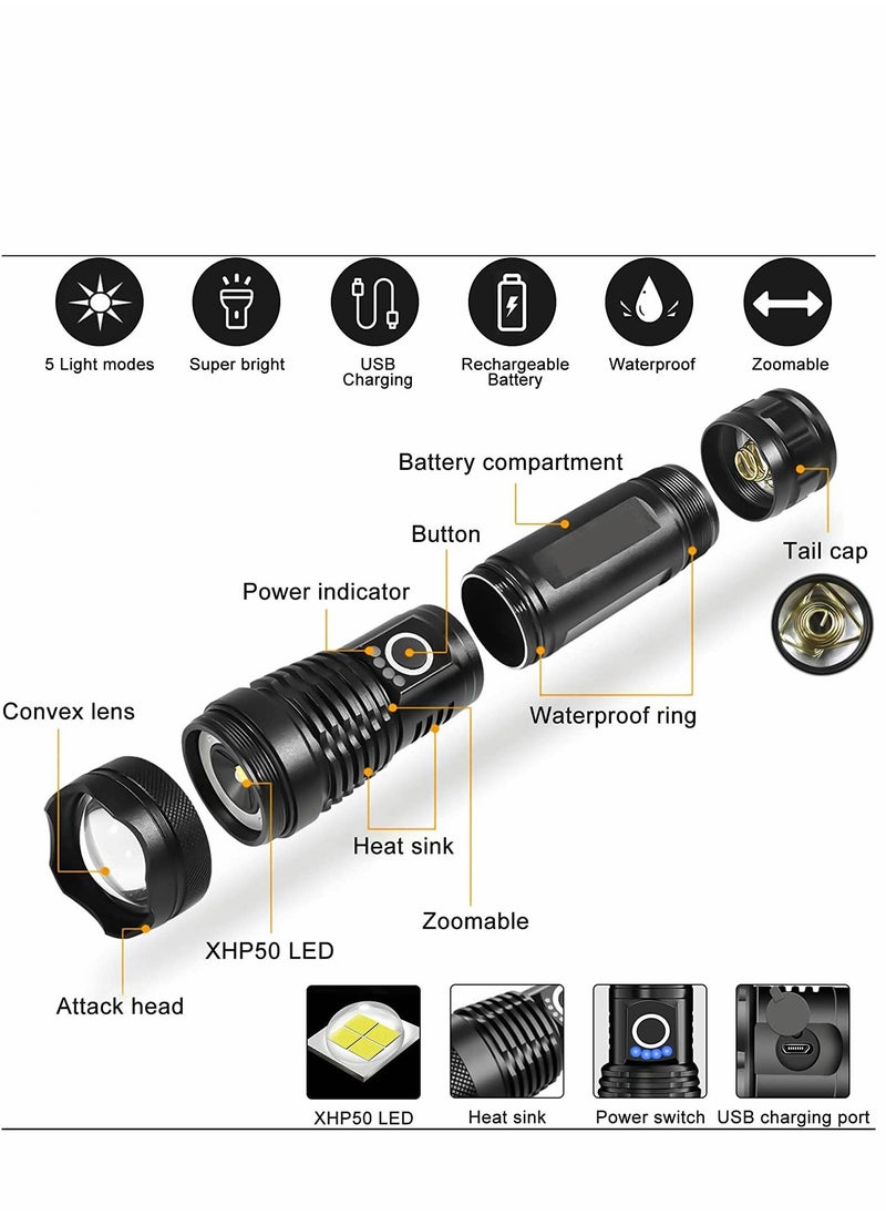 Excefore - Flashlight Led USB Rechargeable 5000 lumens Torch Light XHP50, Super Bright 5 Modes Flashlights IP67 Waterproof Zoomable for Outdoor Camping Hiking Emergency - Image 1