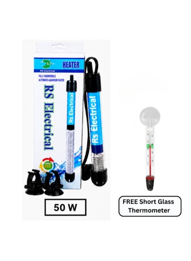RS Electrical 50W Submersible Automatic Aquarium Heater with Suction Cups With FREE Short Glass Thermometer - Image 1