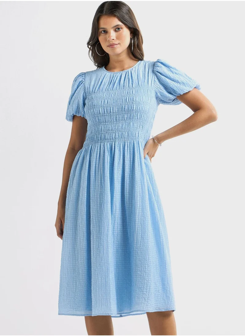 FAV Textured Midi Round Neck Dress With Short Balloon Sleeves