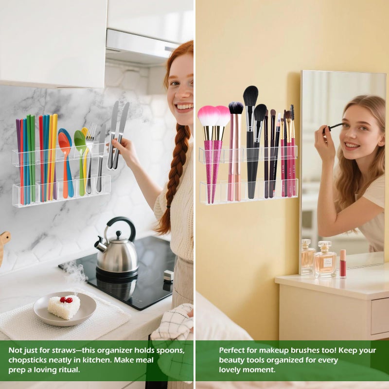 Silcpall 9.5â€ Large Acrylic Straw Holder for Cabinet Door - Ultra Sticky Adhesive Squares, Reusable Adjustable Organizer for Straws, Fits Kitchen Counter, Cupboard, Storage Dispenserï¼ˆTransparentï¼‰ (1 PACK) - Image 5