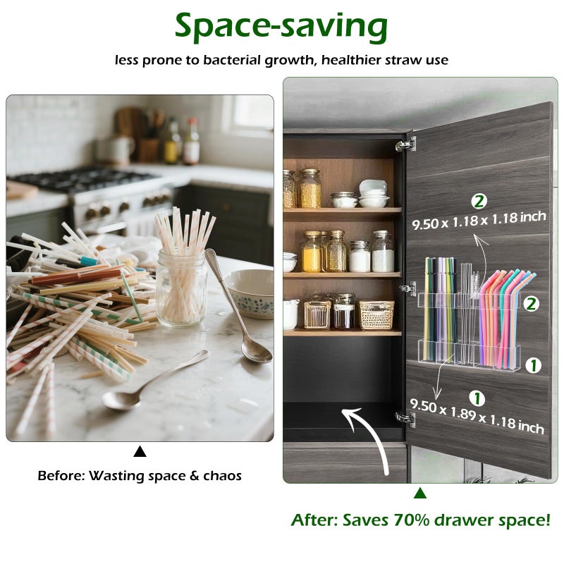 Silcpall 9.5â€ Large Acrylic Straw Holder for Cabinet Door - Ultra Sticky Adhesive Squares, Reusable Adjustable Organizer for Straws, Fits Kitchen Counter, Cupboard, Storage Dispenserï¼ˆTransparentï¼‰ (1 PACK) - Image 2
