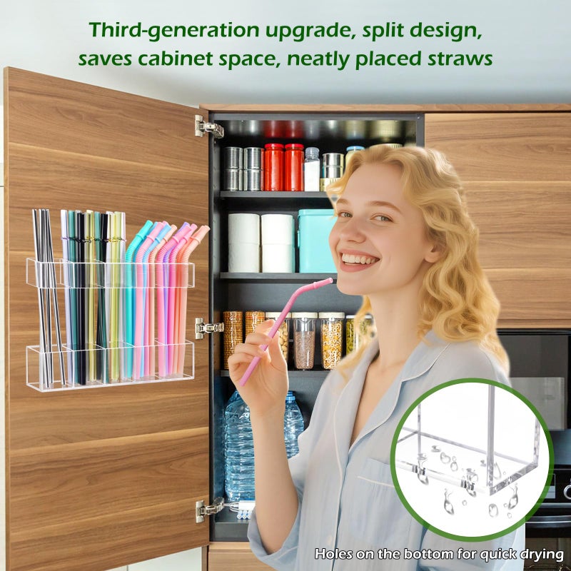 Silcpall 9.5â€ Large Acrylic Straw Holder for Cabinet Door - Ultra Sticky Adhesive Squares, Reusable Adjustable Organizer for Straws, Fits Kitchen Counter, Cupboard, Storage Dispenserï¼ˆTransparentï¼‰ (1 PACK) - Image 4