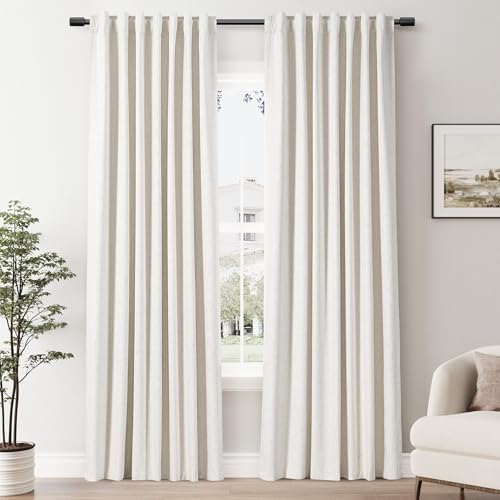 SPWIY 100% Cream Beige Blackout Linen Curtains 84 inches Long 2 Panels for Living Room Back Tab Rod Pocket Soild Thermal Insulated Natural Beige Room Darkening Decorative Window Drapes for Bedroom - Image 1