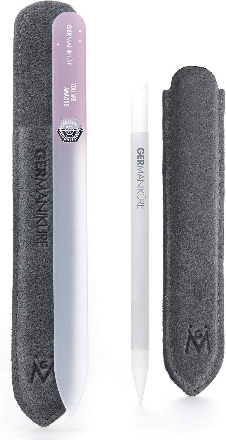 GERmanikure GERMANIKURE Crystal Glass Cuticle Stick & You are Amazing Nail File Set in Suede Leather Case – Handmade in Czech Republic – Professional Manicure Supplies – Cuticle Pusher, Callous Remover