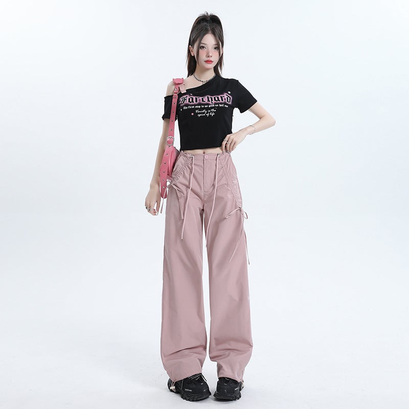 Cracker Khaki Design Sensibility Bowcargo Pants Womens Straight-Leg Loose-Fit High-Waisted Slimming Casual Trousers Summer 2024 Pink Trousers  - Image 1