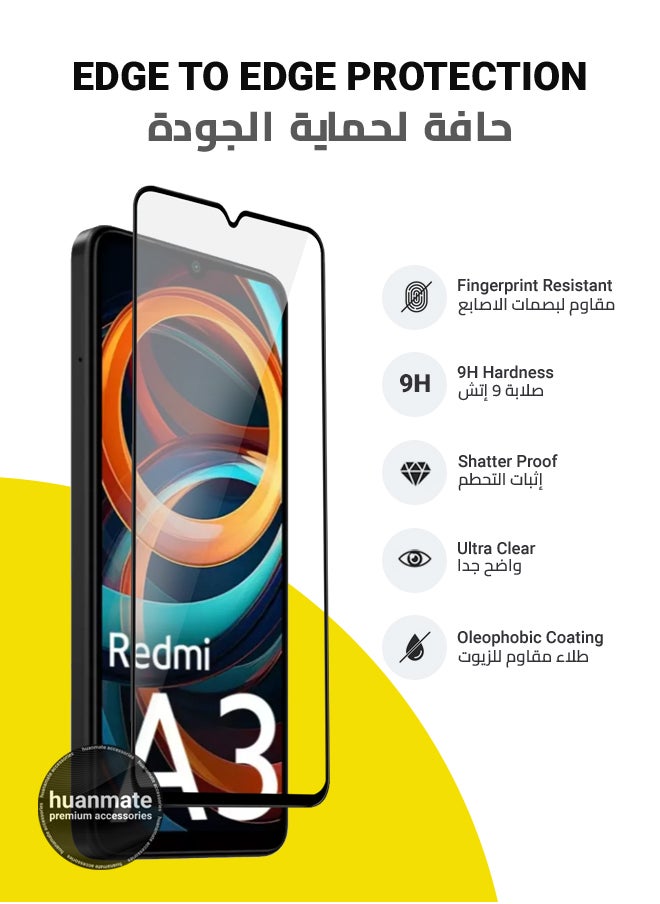 huanmate - 2 Pieces Xiaomi Redmi A3 Screen Protector – Premium Edge to Edge Tempered Glass, High Transparency, Delicate Touch, Anti-Explosion, Smooth Arc Edges, Easy Installation - Image 1