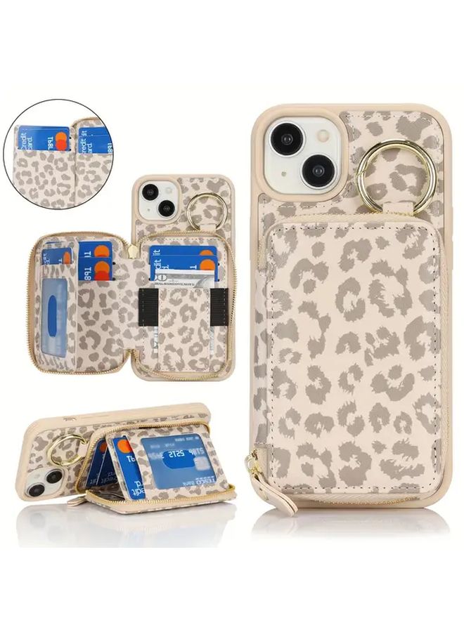 محفظة هاتف بيجية بتصميم نمر لآيفون 14 بلس تحتوي على فتحة بطاقات وحجرة سحاب وحلقة حامل - Image 1