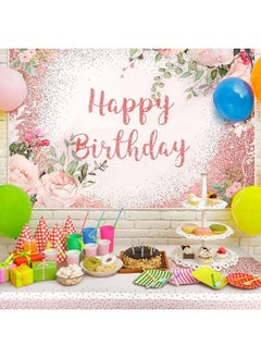Breling 2 Pcs Pink Rose Gold Birthday Party Supplies Rose Gold Happy Birthday Backdrop Floral Happy Birthday Banner Rose Gold Plastic Tablecloth Table Cover for Photoshoot for Girls Women Party Supplies  - Image 5