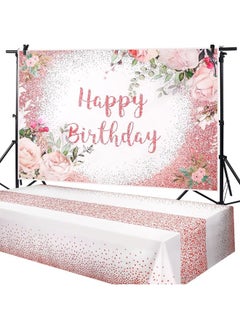 Breling 2 Pcs Pink Rose Gold Birthday Party Supplies Rose Gold Happy Birthday Backdrop Floral Happy Birthday Banner Rose Gold Plastic Tablecloth Table Cover for Photoshoot for Girls Women Party Supplies  - Image 2
