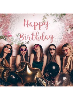 Breling 2 Pcs Pink Rose Gold Birthday Party Supplies Rose Gold Happy Birthday Backdrop Floral Happy Birthday Banner Rose Gold Plastic Tablecloth Table Cover for Photoshoot for Girls Women Party Supplies  - Image 1