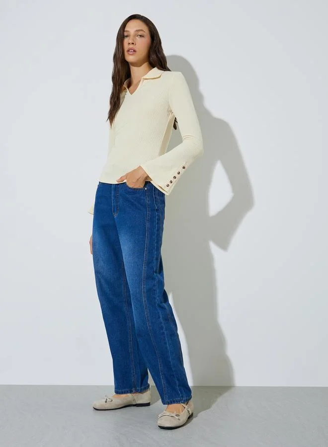 ستايلي Yellow Button Details Flared Cuffs Ribbed Knit Polo Top