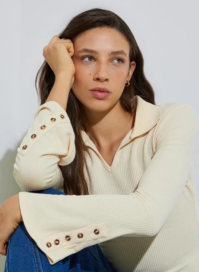 ستايلي Yellow Button Details Flared Cuffs Ribbed Knit Polo Top