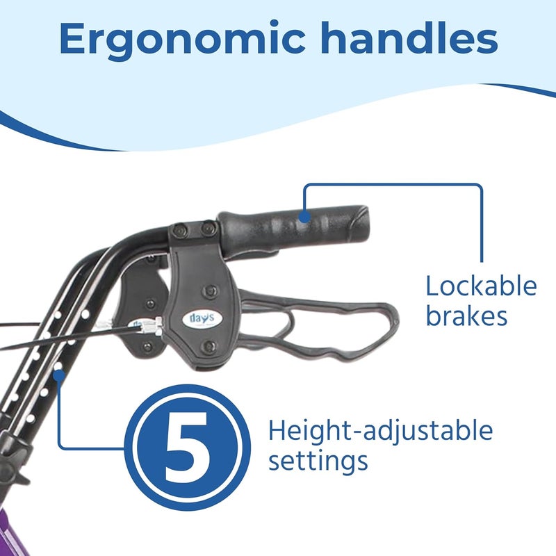 Days Lightweight Folding Rollator Walker Mobility Aids Adjustable Walking Frame with Padded Seat Lockable Brakes Ergonomic Handles Walking Aid Portable Walker for Elderly Medium Purple - Image 5
