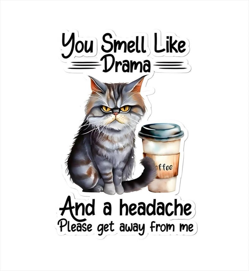 Funny Laptop Sticker Set – Cute Cat Illustration with Coffee Theme, Aesthetic Humor Design for Laptops, Set of 2 Stickers - Image 1