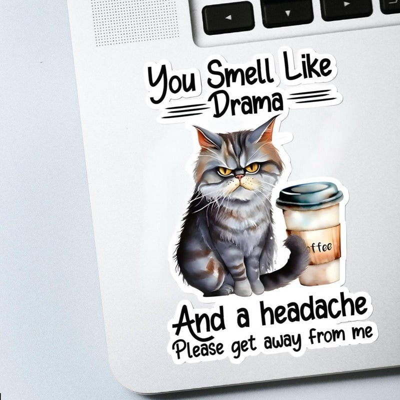 Funny Laptop Sticker Set – Cute Cat Illustration with Coffee Theme, Aesthetic Humor Design for Laptops, Set of 2 Stickers - Image 2