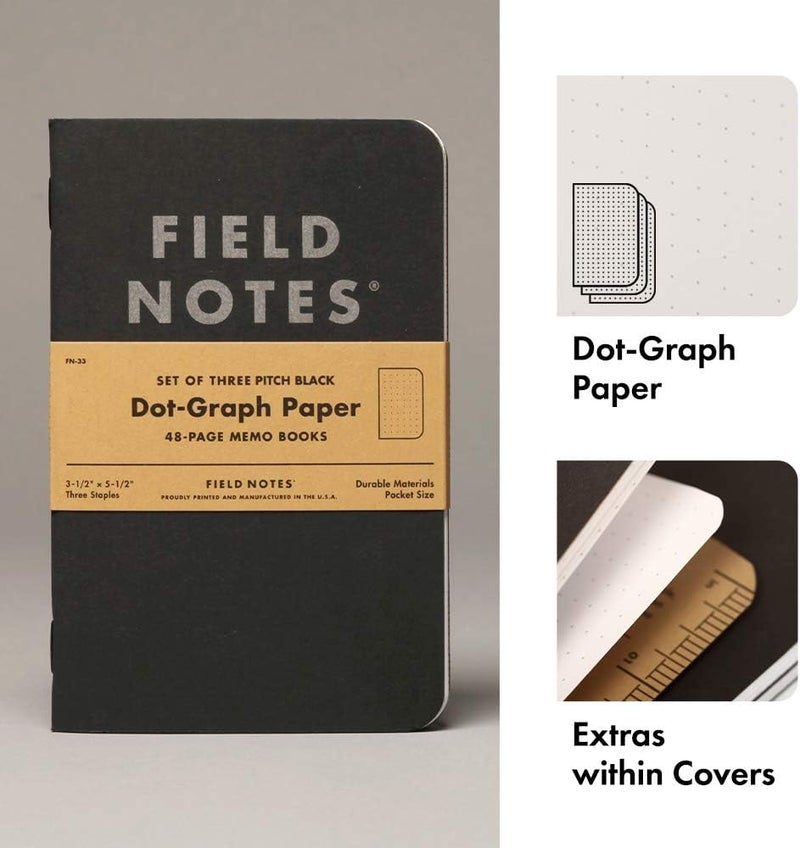 Field Notes 3-Pack Pitch Black Memo Books (3.5" X 5.5"), Dot-Graph, 48 Pages | Thin Pocket Sized EDC Notebook With 90 GSM Paper & Paperback Cover | Work Notebooks For Note Taking | Made in the USA - Image 1