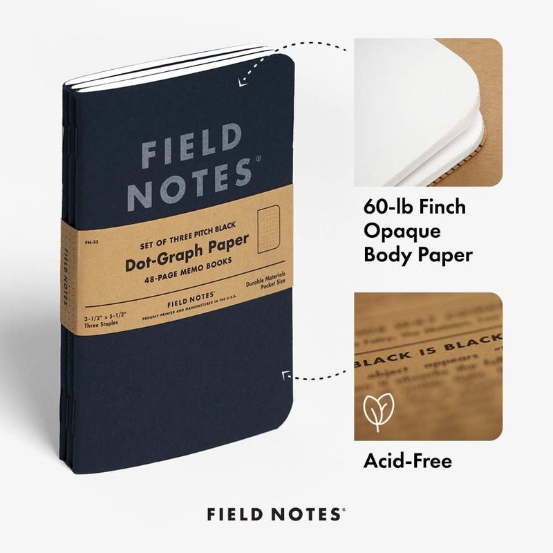 Field Notes 3-Pack Pitch Black Memo Books (3.5" X 5.5"), Dot-Graph, 48 Pages | Thin Pocket Sized EDC Notebook With 90 GSM Paper & Paperback Cover | Work Notebooks For Note Taking | Made in the USA - Image 3