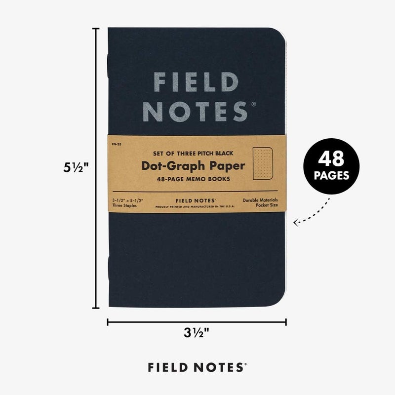 Field Notes 3-Pack Pitch Black Memo Books (3.5" X 5.5"), Dot-Graph, 48 Pages | Thin Pocket Sized EDC Notebook With 90 GSM Paper & Paperback Cover | Work Notebooks For Note Taking | Made in the USA - Image 4