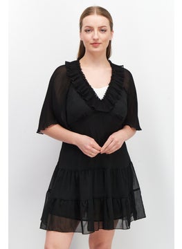 Mohito Women Pleated Detail Mini Dress, Black  - Image 1
