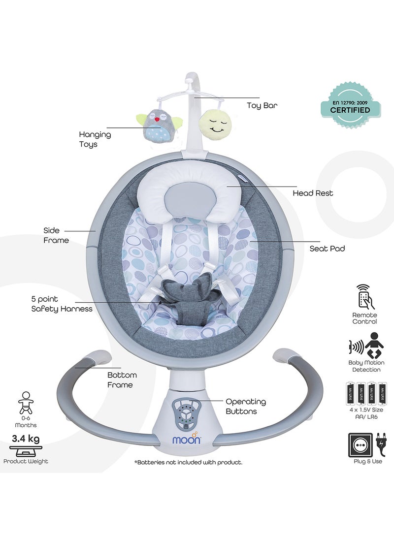 Moon 5 Point Harness Baby Swing Circle, 0-6M, Holds Upto 9Kg With Remote Control - Grey - Image 2