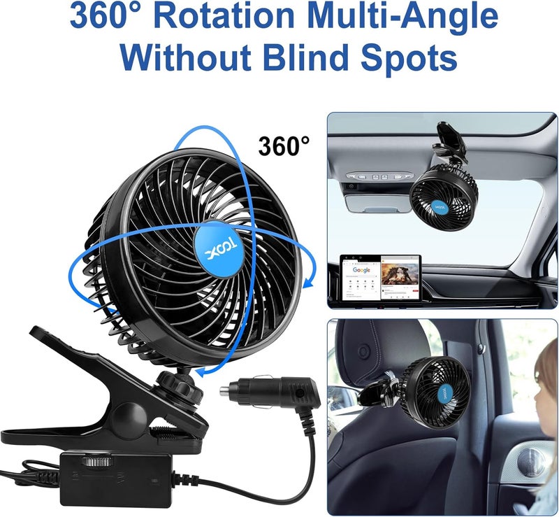 XOOL 12V 6'' Car Fan, Clip Fan 360 Degree Rotatable Car Fan Cooling Air Fan with Stepless Speed Regulation & Cigarette Lighter Plug for SUV, RV, Vehicles - Image 2