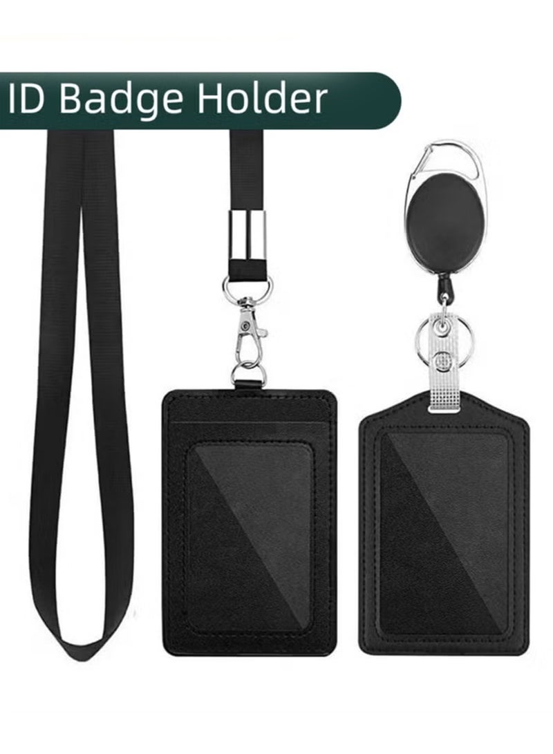 2-Piece ID Card Holder, with Lanyard and Retractable Badge Reel Clip, Unisex Leather ID Badge Holder with Clear ID Window & Credit Card Slots for Work/School Black - Image 1