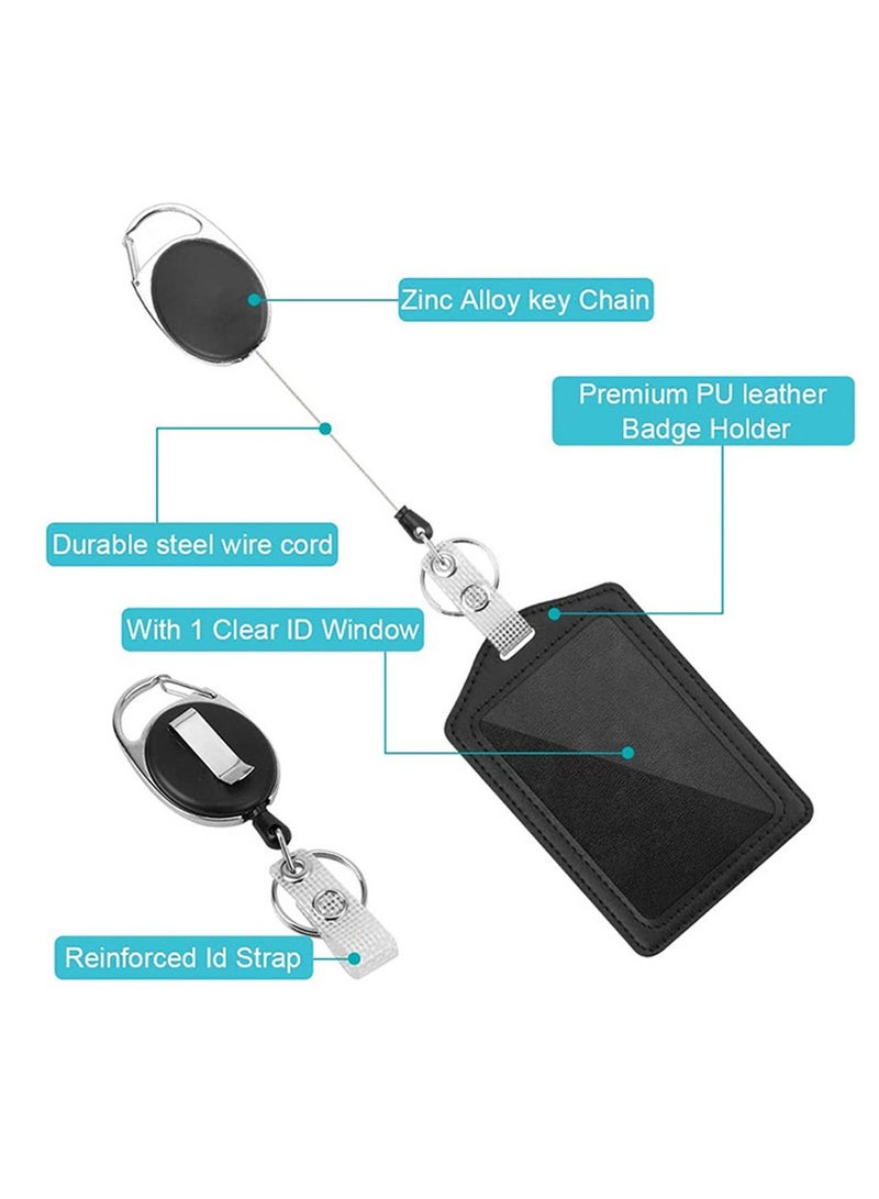 2-Piece ID Card Holder, with Lanyard and Retractable Badge Reel Clip, Unisex Leather ID Badge Holder with Clear ID Window & Credit Card Slots for Work/School Black - Image 4